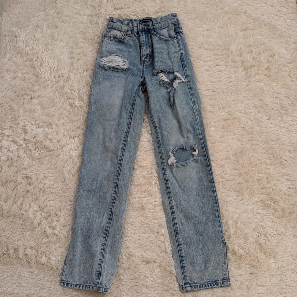 Prettylittlething High waisted distressed jeans with split hem